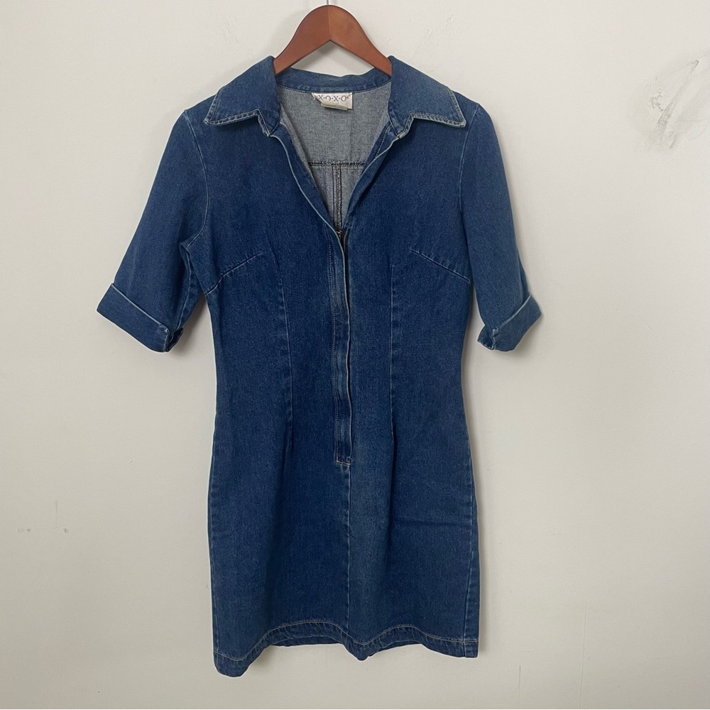 Vintage Made In USA Denim Jean Mini Quarter Zip V-Neck Dress